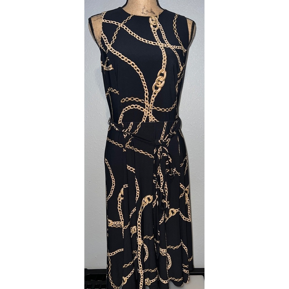 Lauren Ralph Lauren Chain Print Dress Womens 10 Black Excellent Sleeveless Midi